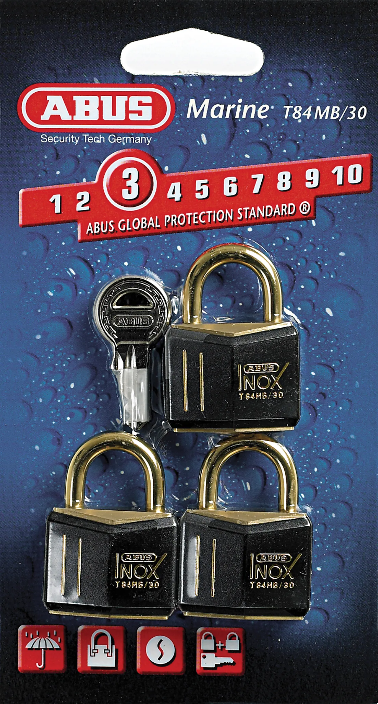 Hengelås t84mb/30c 3pakn. abus messinglås m/sort plast Hengelås t84mb/30c 3pakn. abus messinglås m/sort plast