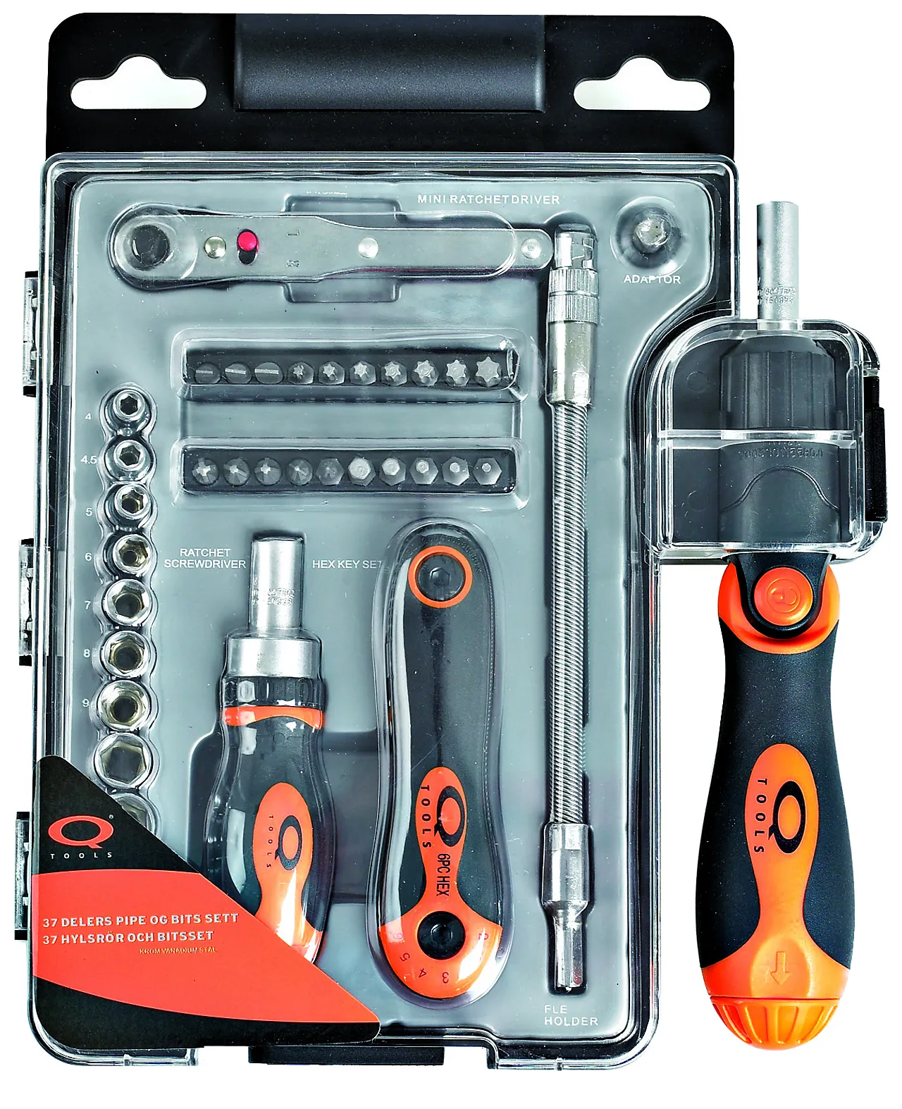Q-tools pipenøkkel- og bitssett 37 deler Q-tools pipenøkkel- og bitssett 37 deler