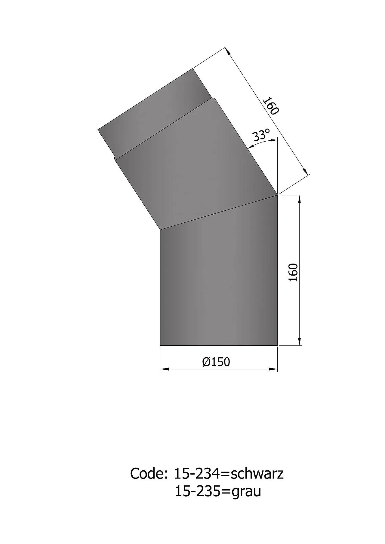Røykrør vinkel ø150mm 33° kort sort