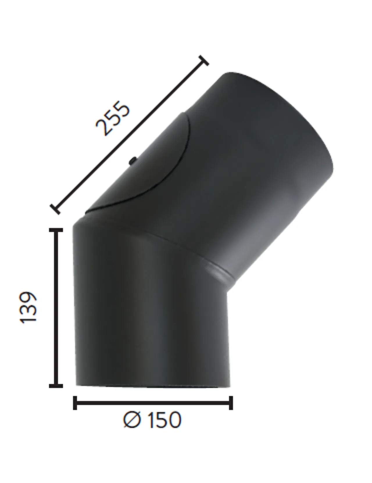 Røykrør ø150 45 gr kne m/luke 2,3mm matt sort emalje