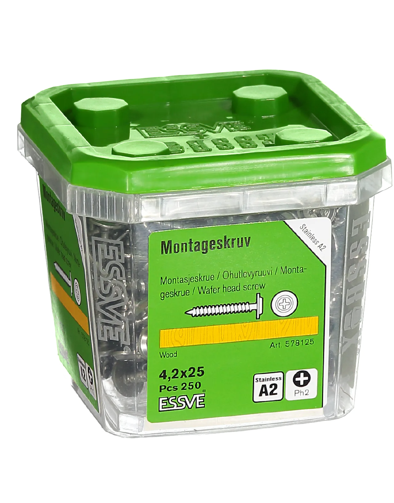 Montasjeskrue 4,2x25 a2 a-250rustfri skarp spiss tre/stål