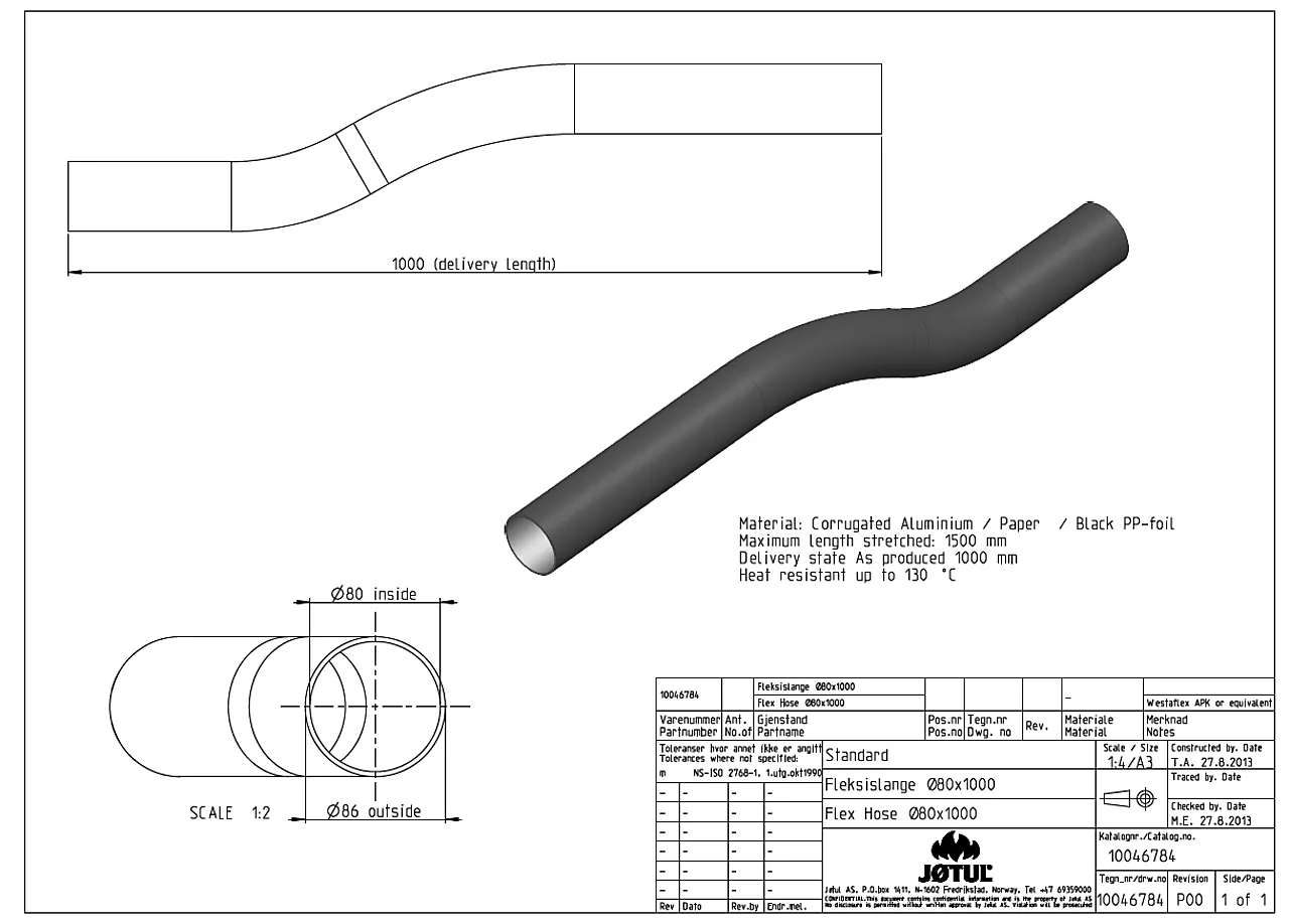 Slange til peis fleksibel for tilluft Ø80 mm 1 meter
