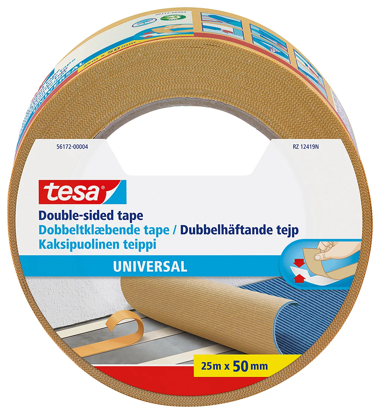 Teppetape universal 25m x 50mm inne dobbeltsidig permanent montering