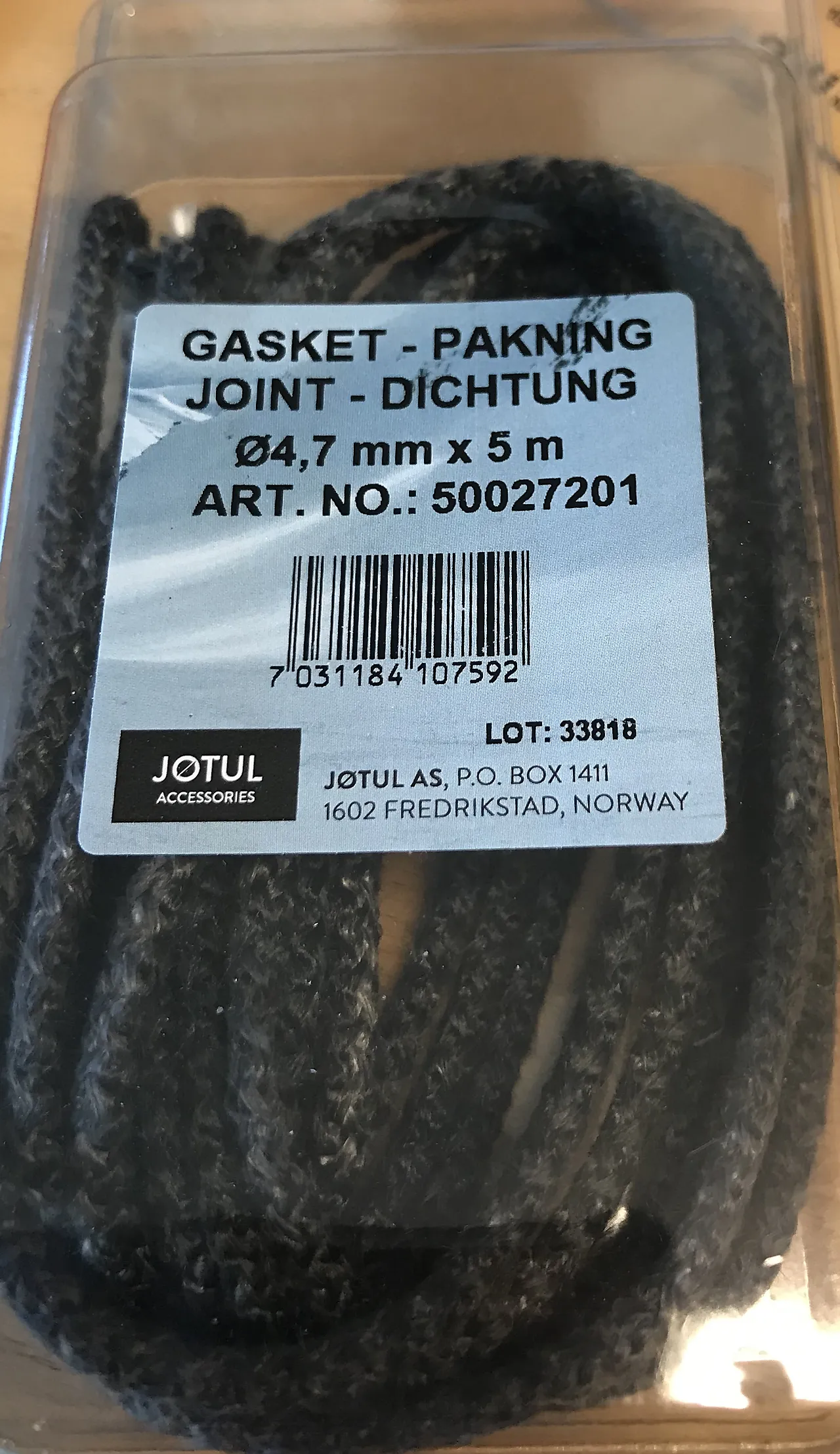 Pakningssnor 5 meter ø 9,5 mm Pakningssnor 5 meter ø 9,5 mm