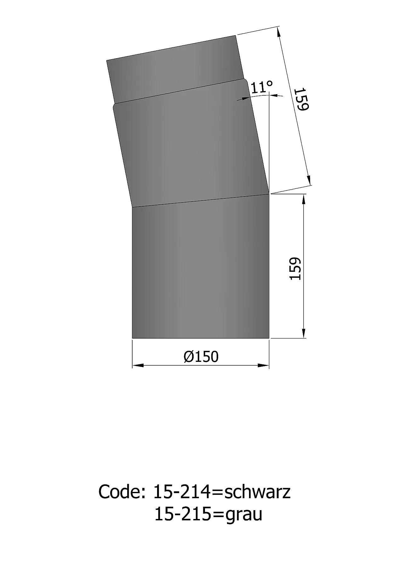 Røykrør vinkel ø150mm 11° kort sort