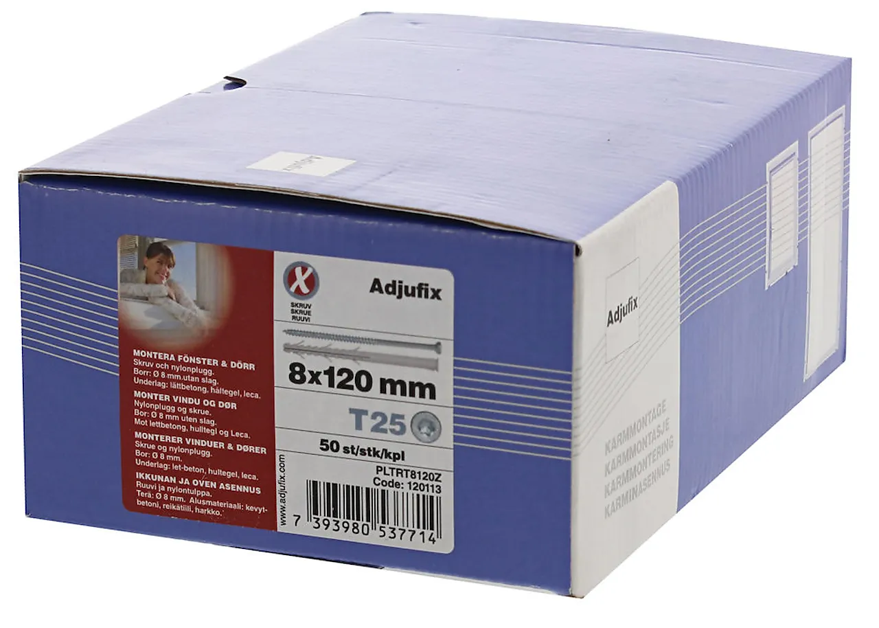 Nylonplugg+skrue adjufix eske A50 8X120 Nylonplugg+skrue adjufix eske A50 8X120