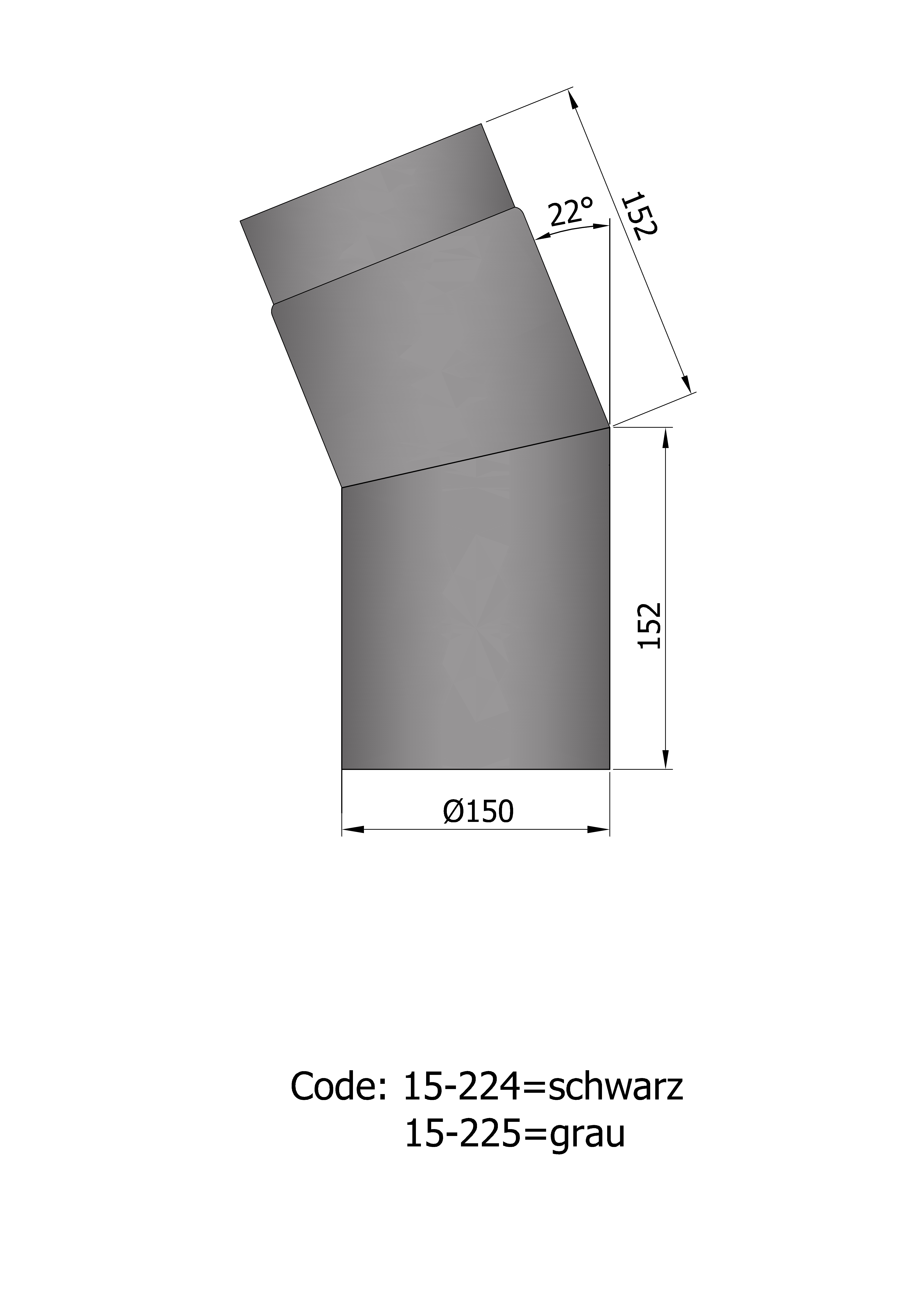 Røykrør vinkel ø150mm 22° kort sort | Optimera.no