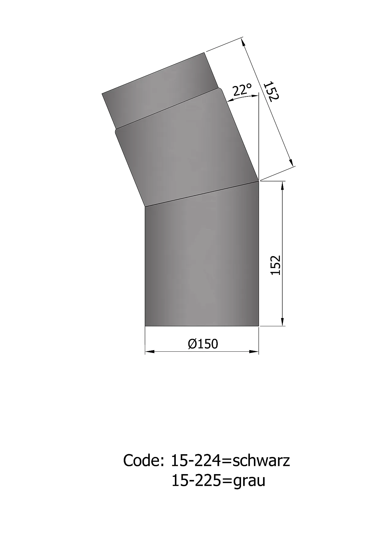 Røykrør vinkel ø150mm 22° kort sort