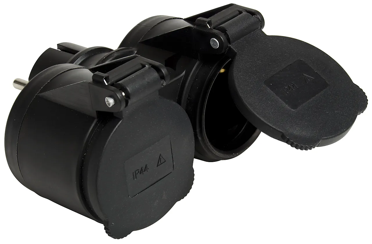 Dobbelstøpsel m jord ip44 svart godkjent utendørs