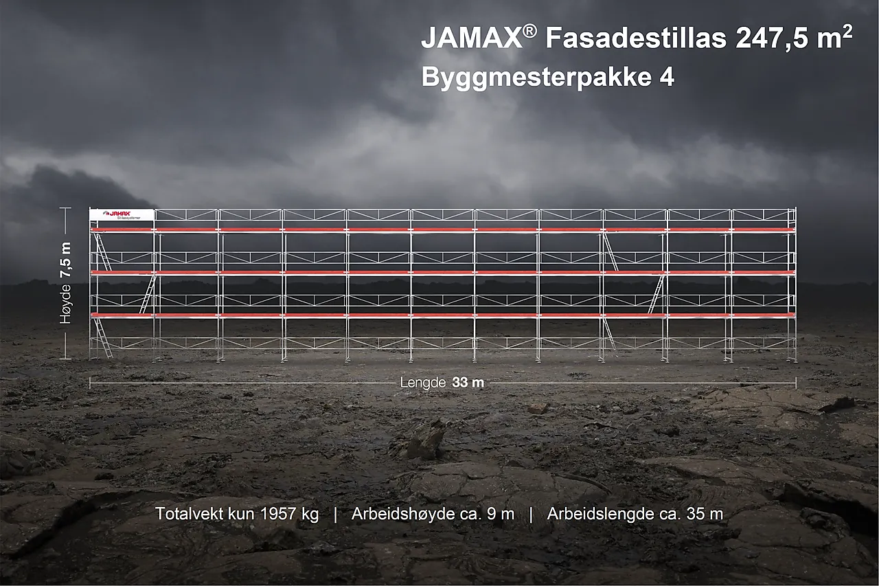 Jamax fasadestillas 247,5 m2 l33 m x h7,5 m Jamax fasadestillas 247,5 m2 l33 m x h7,5 m