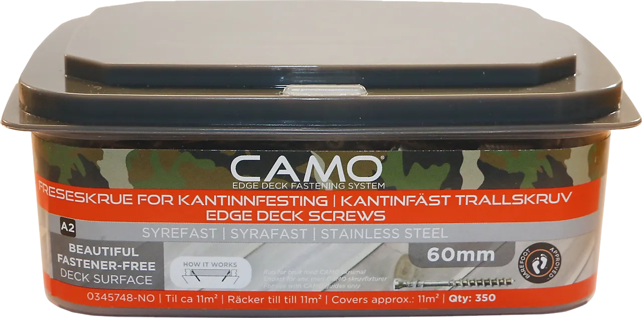 Camo terrasseskrue 1 bits A2 rustfri 4,2x60 mm 350 stk Camo terrasseskrue 1 bits A2 rustfri 4,2x60 mm 350 stk