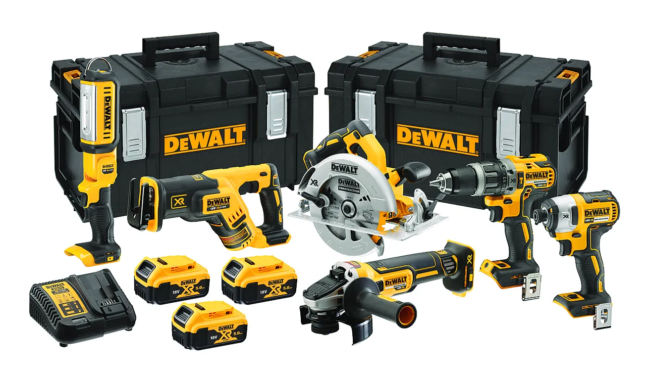 DEWALT, verktøysett 18V 5Ah, 6 produkter, 3 batterier/ lader