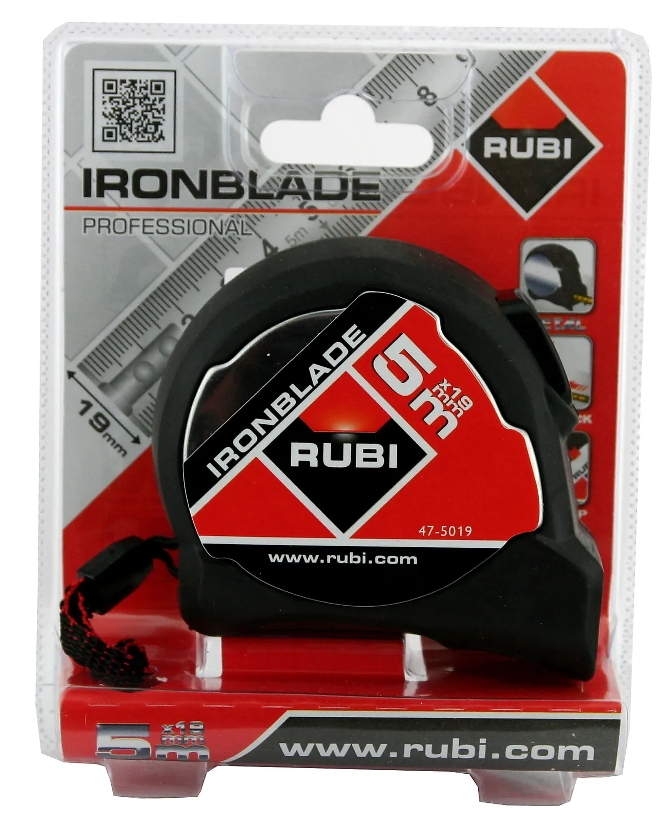 Målebånd 5mx19mm magnetisk rubi