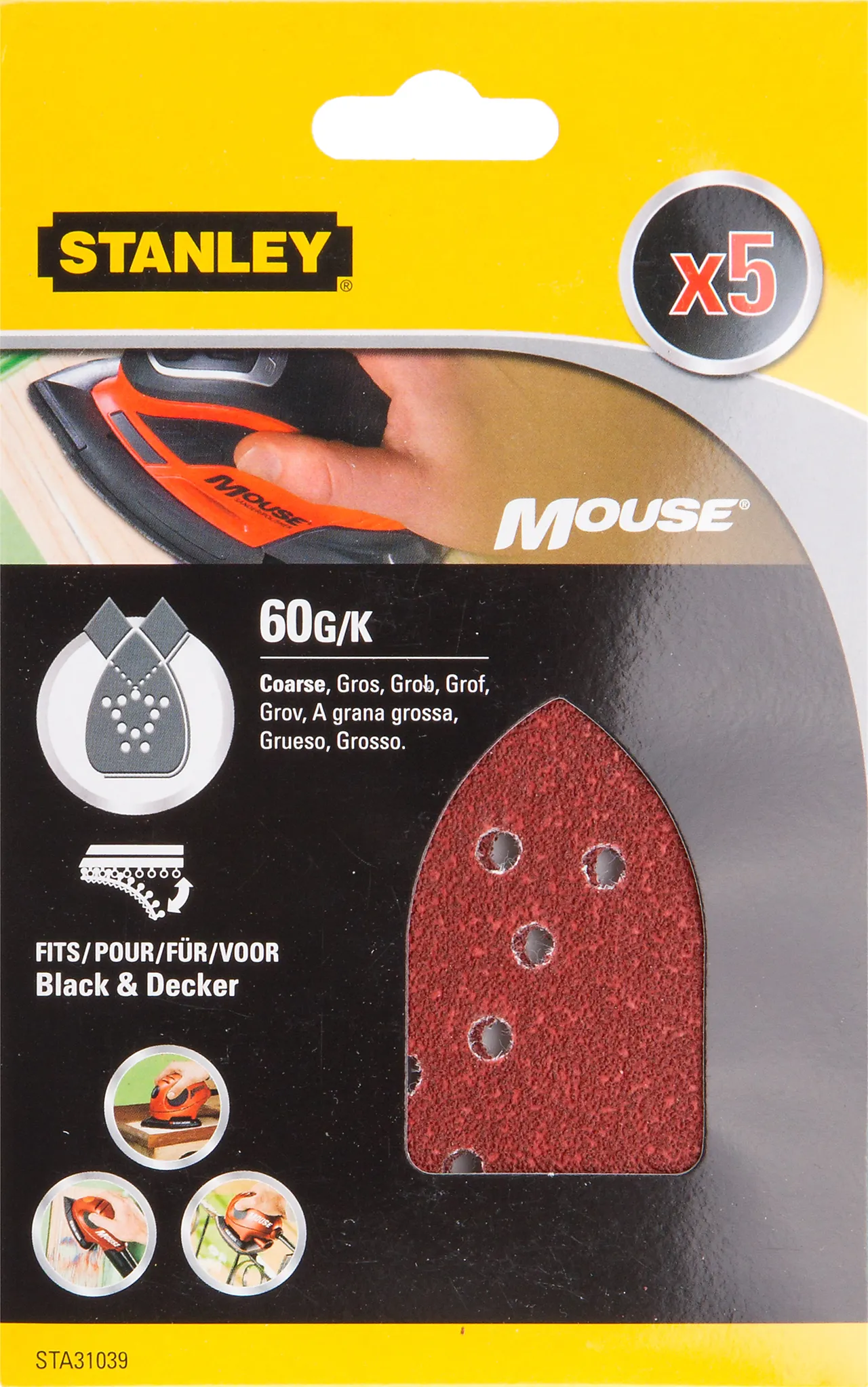 Stanley slipepapir mouse 60 korning pakke a 5 stk
