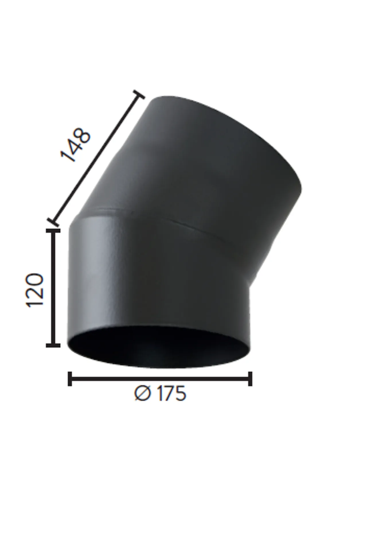 Røykrør ø175 30gr kne uten luke mbe matt sort emalje 2,3mm