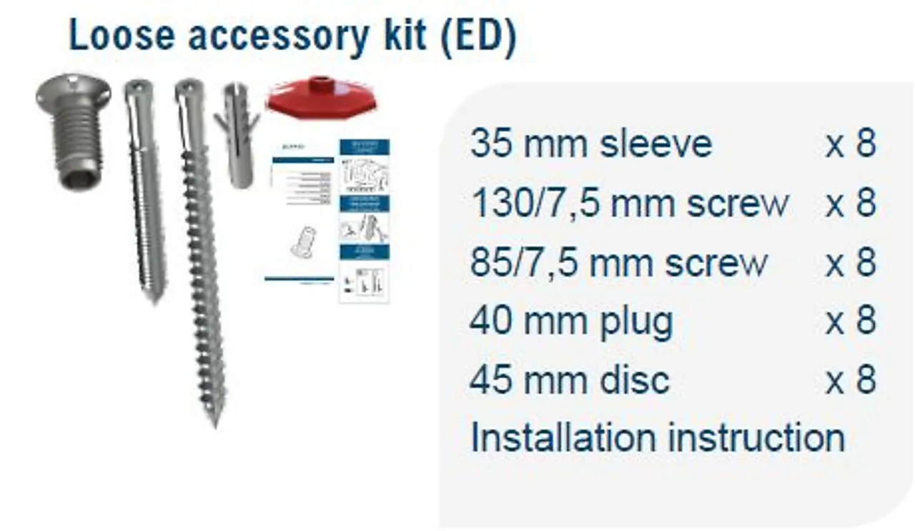 Karmskrue kit yd 7,5/85-130mm 8xskruer/hylser/plugger/disc Karmskrue kit yd 7,5/85-130mm 8xskruer/hylser/plugger/disc
