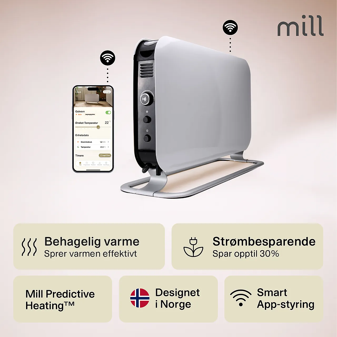 Gulvovn med WiFi 1200W hvit