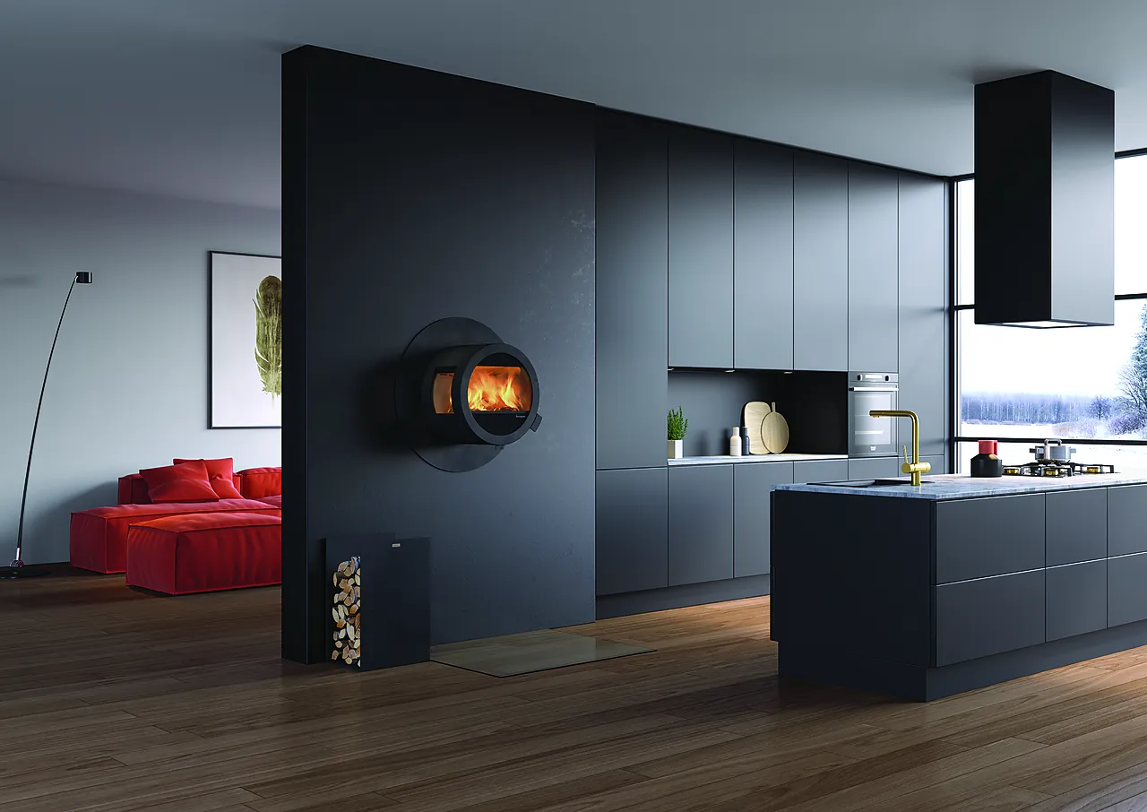 Peisovn Me Wall med Sidefelteglass og brannmursplate Peisovn Me Wall med Sidefelteglass og brannmursplate