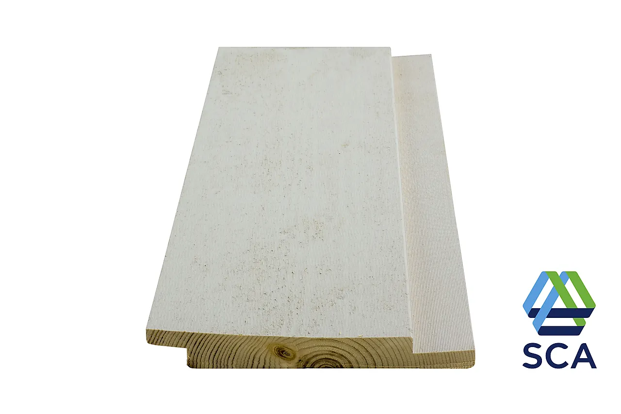 Dobbelfals kledning rettkant gran grunnet hvit 19x148 mm Dobbelfals kledning rettkant gran grunnet hvit 19x148 mm