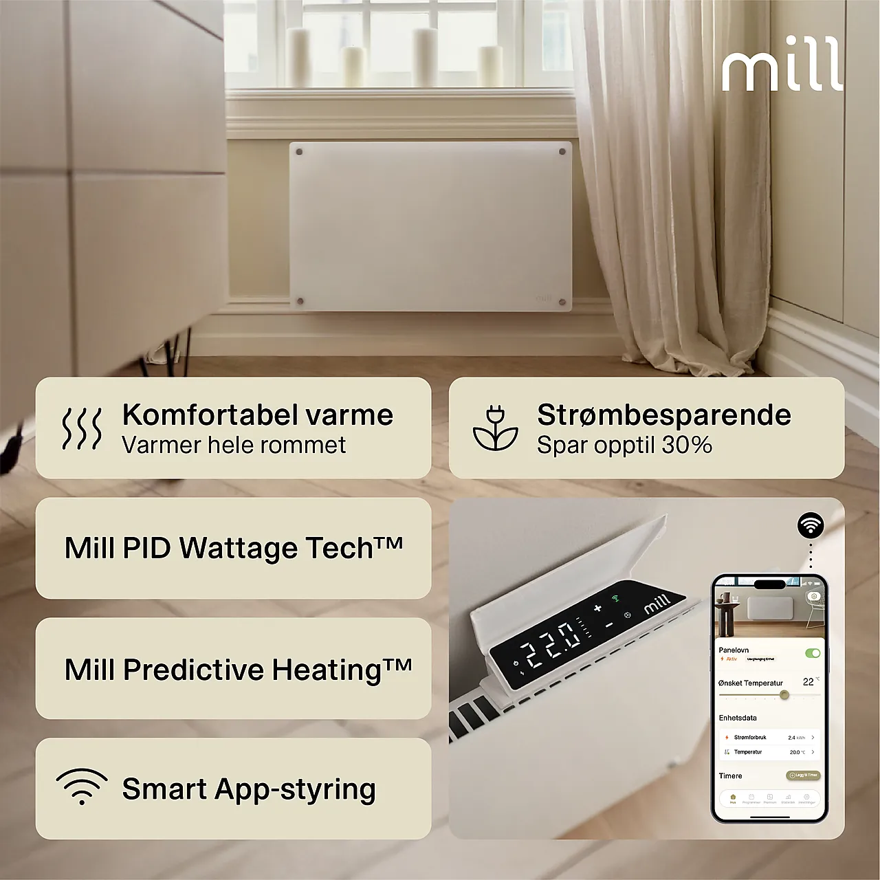 Mill panelovn glass WiFi Gen 4 700W hvit null - null - 2 - Miniatyr