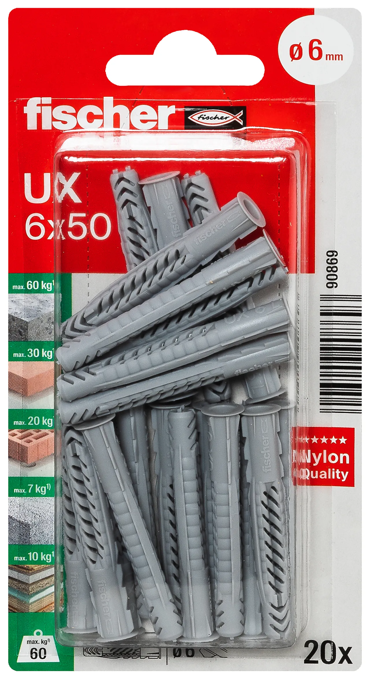 Universalplugg  ux 6X50 r bk 20 stk pr bk med krage nv fischer null - null - 3 - Miniatyr